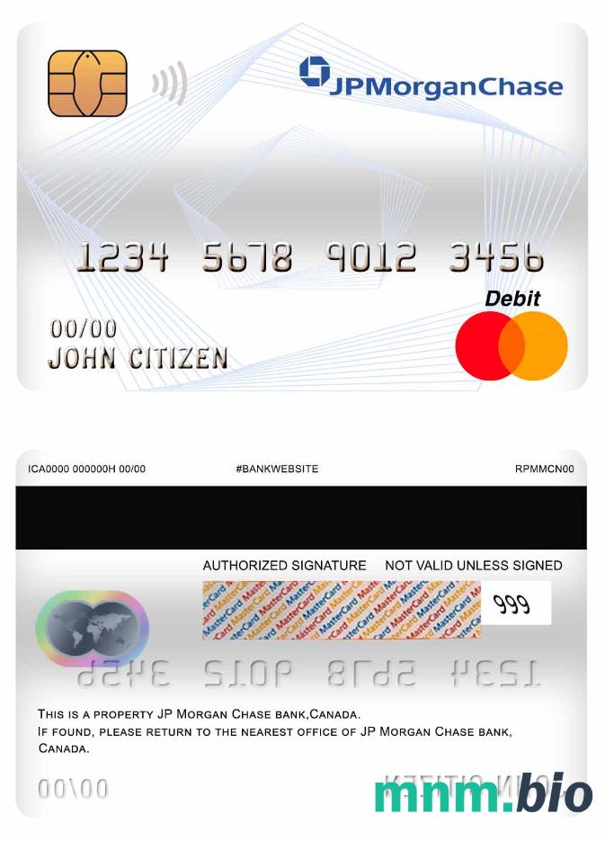 Canada JP Morgan Chase Bank mastercard debet karta przykład w formacie PSD
